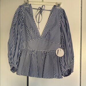 STAUD Blue and White Peplum Tie Front Blouse